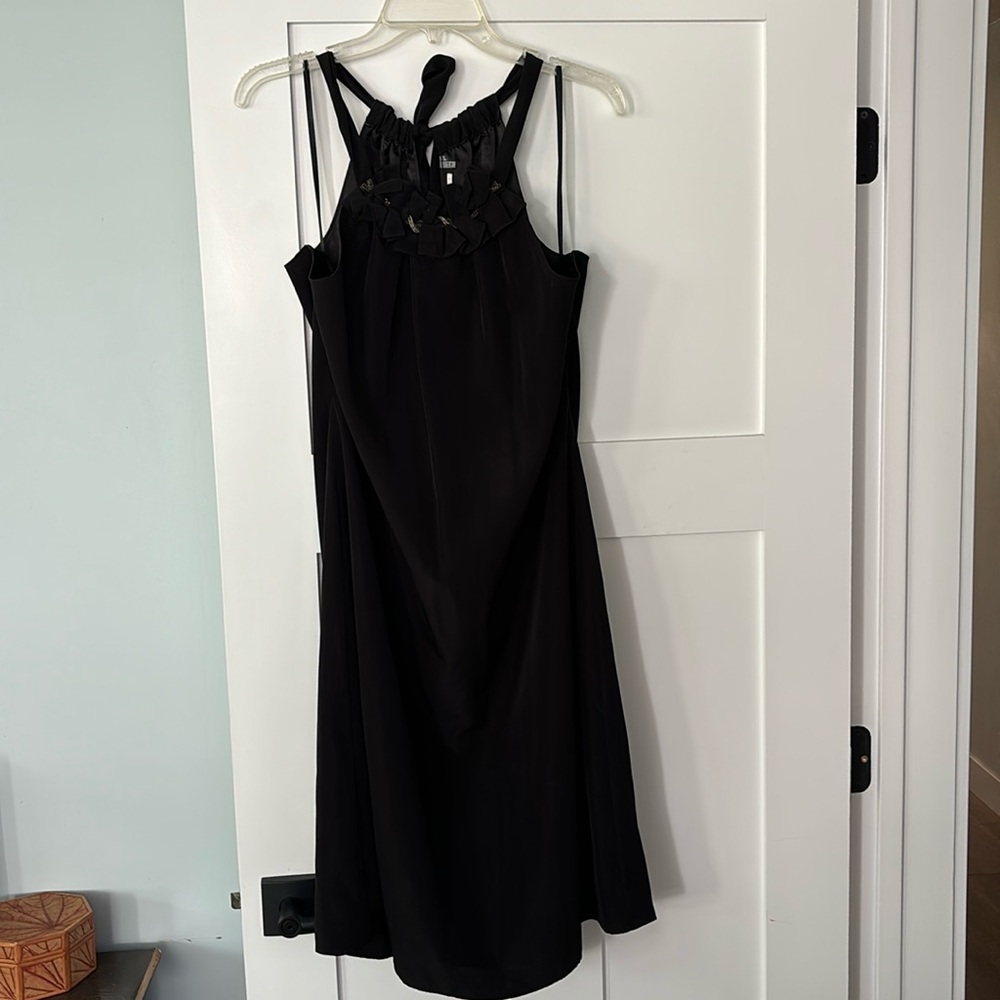 T Tahari Black Cocktail dress with tie neck and ruffle chain detail